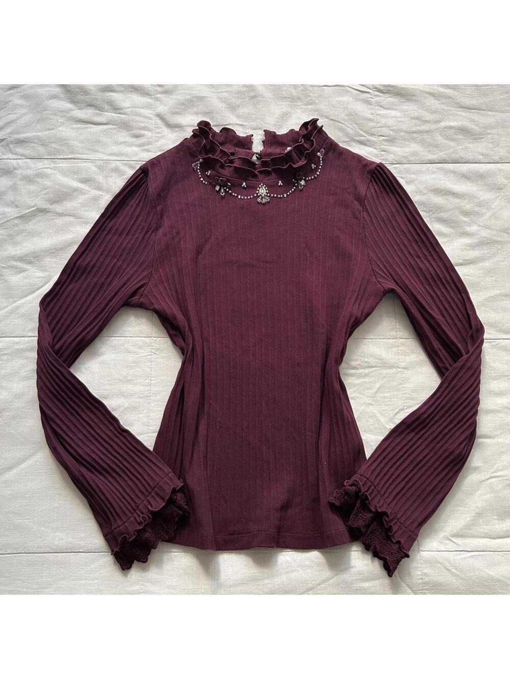 Axes femme Ribbed Knit Top Gothic Vampire Himekaji Lace Trim Medium Japan